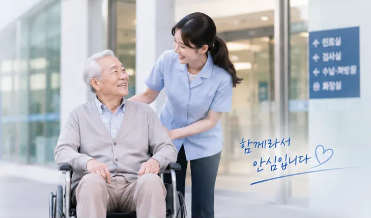 병원 앞에서 어르신과 함께하는 동행매니저
